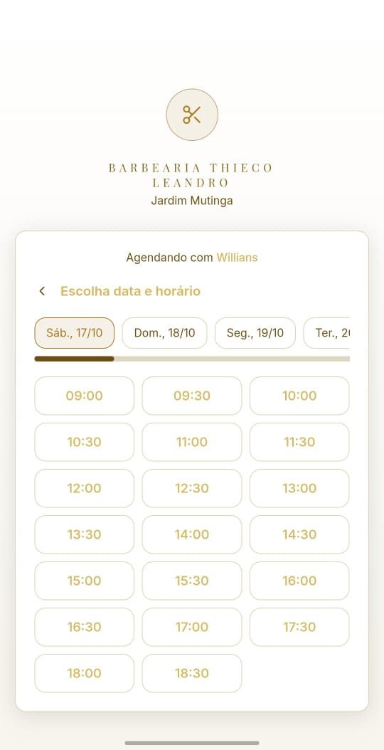 Tela do link de agendamento: o cliente escolhe o dia e o horário livre