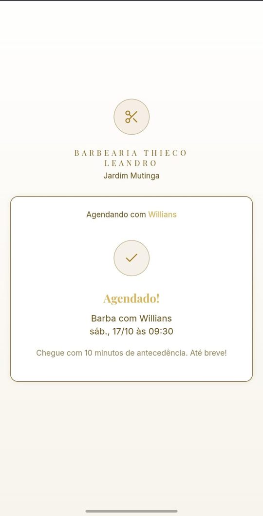 Tela de confirmação: Agendado, com serviço, profissional, dia e horário