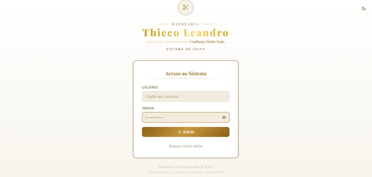 Tela de login do sistema da Barbearia Thieco Leandro no computador, em tema claro, com o nome e as cores da barbearia