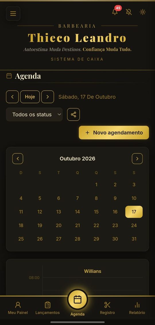 Área interna do app do colaborador da Barbearia Thieco Leandro, na agenda, em tema escuro